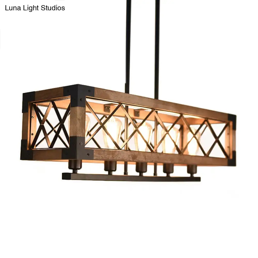 DecorBites™ rustic loft pendant light with black metal frame shade, wooden accents, and five exposed filament bulbs in rectangle design