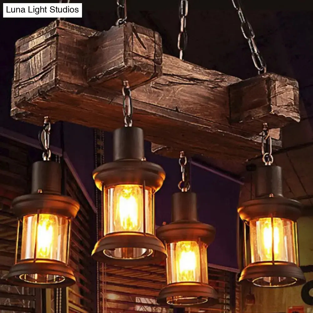 Rustic wooden beam with hanging clear glass lanterns in brown 110v-120v decorbites coastal light fixture