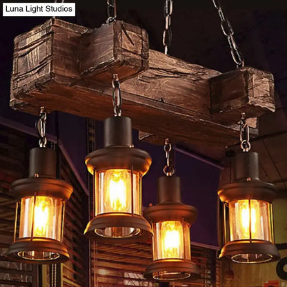 Rustic wooden beam with hanging clear glass lanterns in brown 110v-120v decorbites coastal light fixture