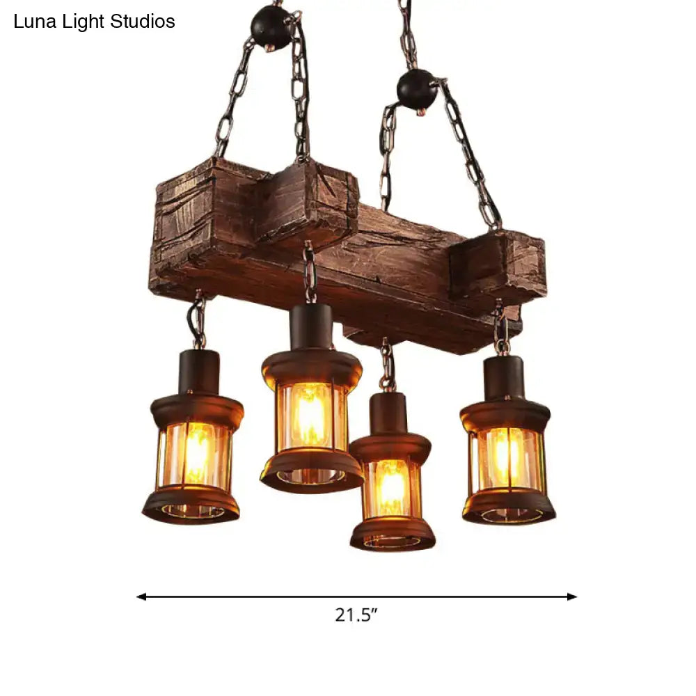 Rustic wooden beam light fixture with four amber clear glass lanterns and black metal chains for 110v-120v use
