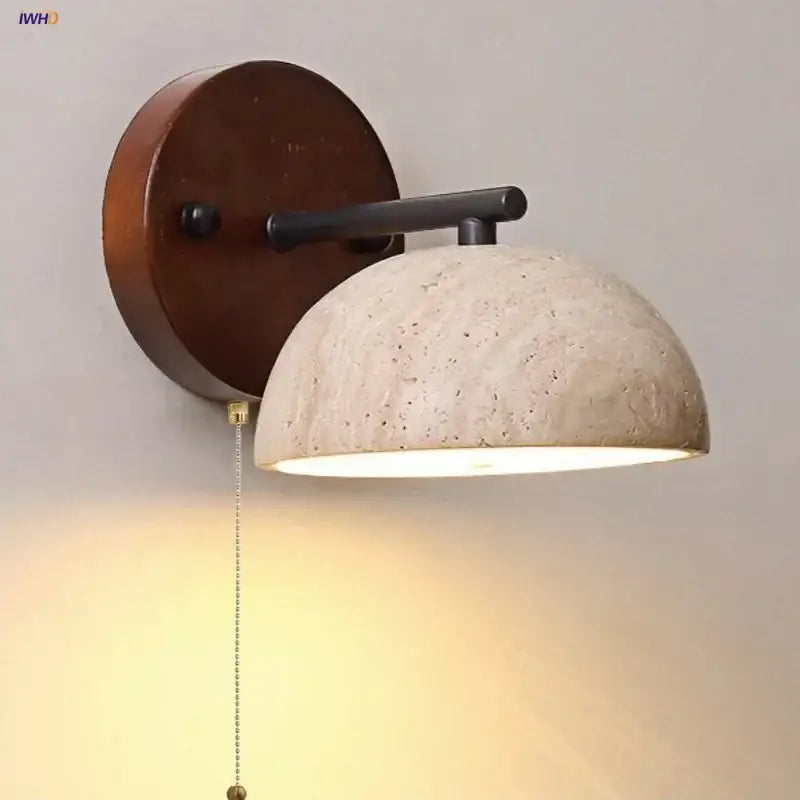 Rustic wood and concrete canopy led wall light featuring warm wooden backplate and off-white concrete dome shade for bedroom decorbites canopy led wall