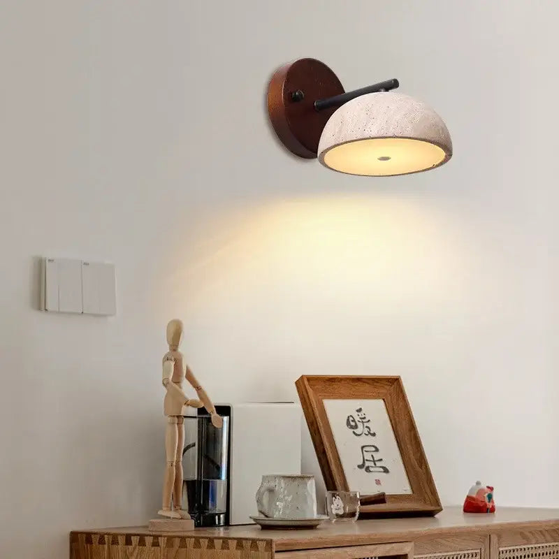 Rustic wood and concrete canopy led wall light with warm-toned dome shape and dark wood mounting plate for bedroom decorbites canopy led