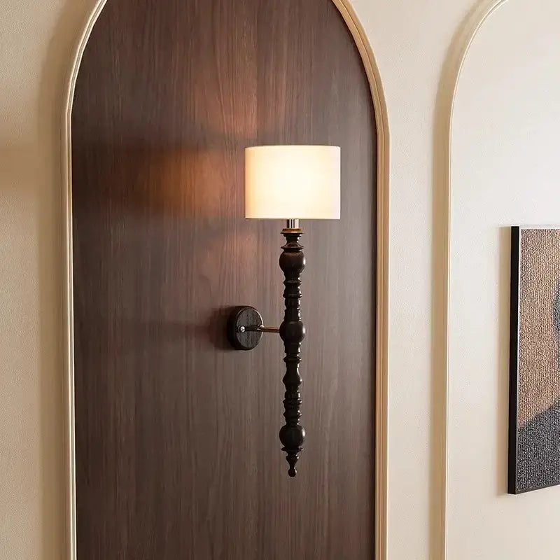 Dark bronze finished wall light with ornate turned wooden stem and off-white fabric shade for rustic decorbites led wood wall use