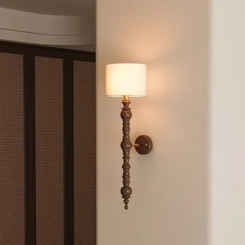 A rustic warm-toned led wood wall light with dark bronze finish and cream fabric shade for living room decorbites led wood