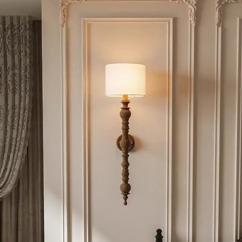 Rustic wood and cream fabric led wood wall light with warm shade for living room wall light decorbites led wood design