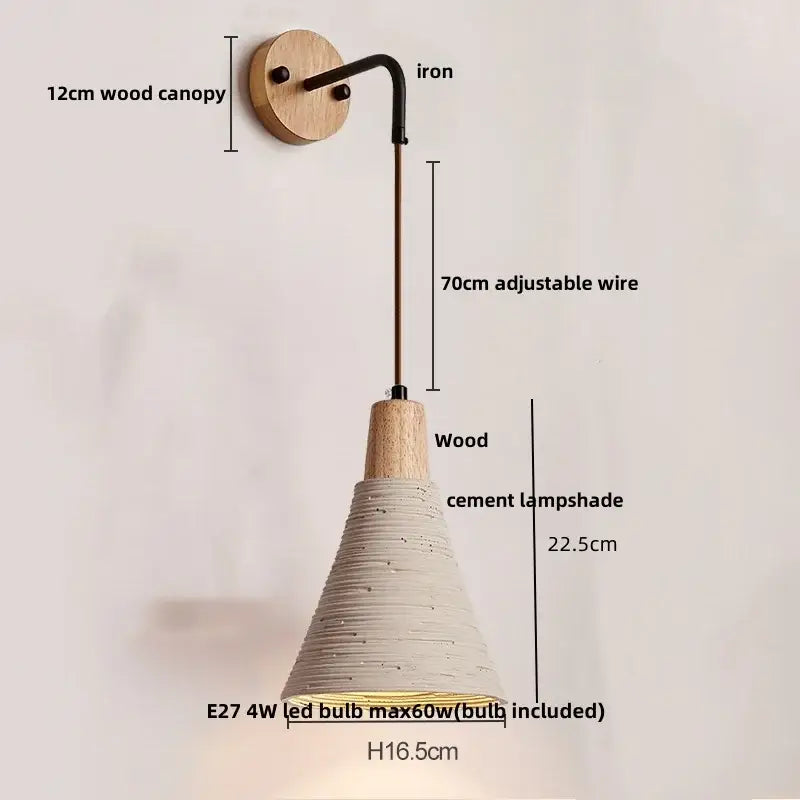 Rustic wood and gray cement led wall light with natural wood canopy and black iron arm for bedroom decorbites led wall light