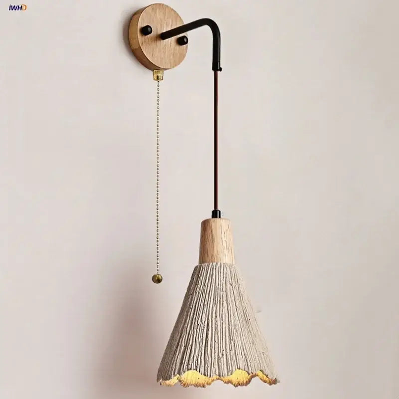 Rustic wood and gray cement led wall light with textured light gray conical shade and gold-trimmed edge for bedroom decorbites led wall