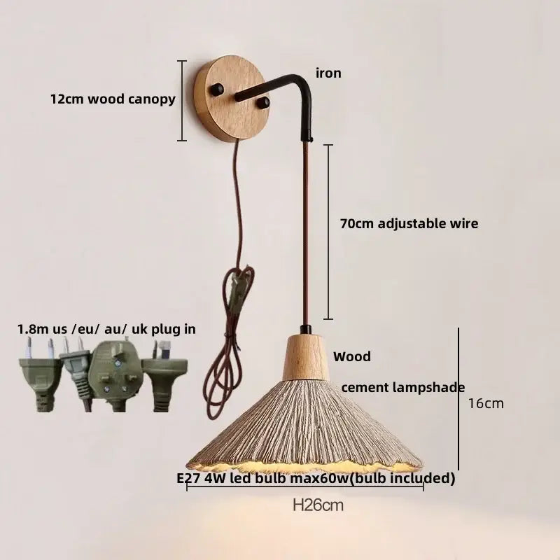 Rustic wood and gray wall light fixture with 12cm wooden canopy black iron arm and adjustable wire for bedroom use