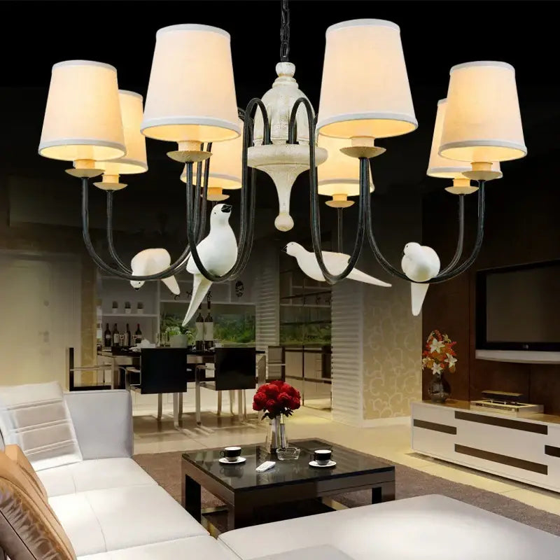 Rustic wood and iron decorbites bird lamp dining room chandelier with white ceramic bird figurines and cream lampshades