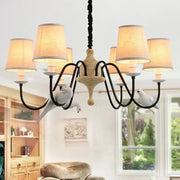Rustic wood and iron decorbites bird lamp chandelier with six warm fabric shades and white ceramic doves for dining room