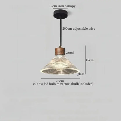 Rustic wood and ribbed glass led pendant light with black iron canopy and adjustable wire for dining room lighting