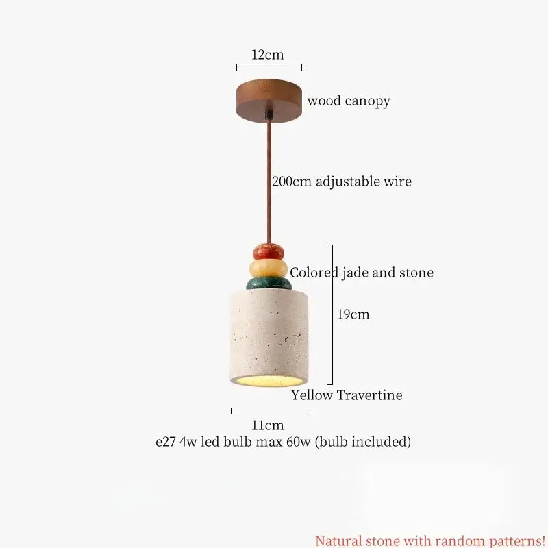 A modern pendant lamp with wooden canopy yellow travertine shade and stacked jade stone accents for decorbites columnar stone led