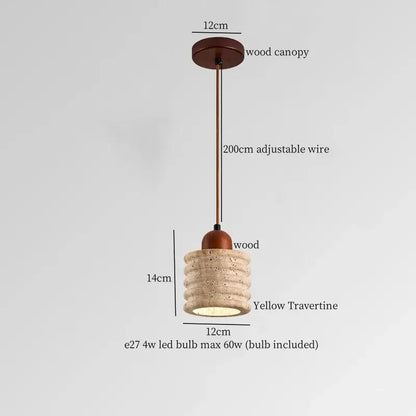 Rustic pendant lamp with warm wood canopy, adjustable bronze wire, and stacked yellow travertine columnar stone led shade