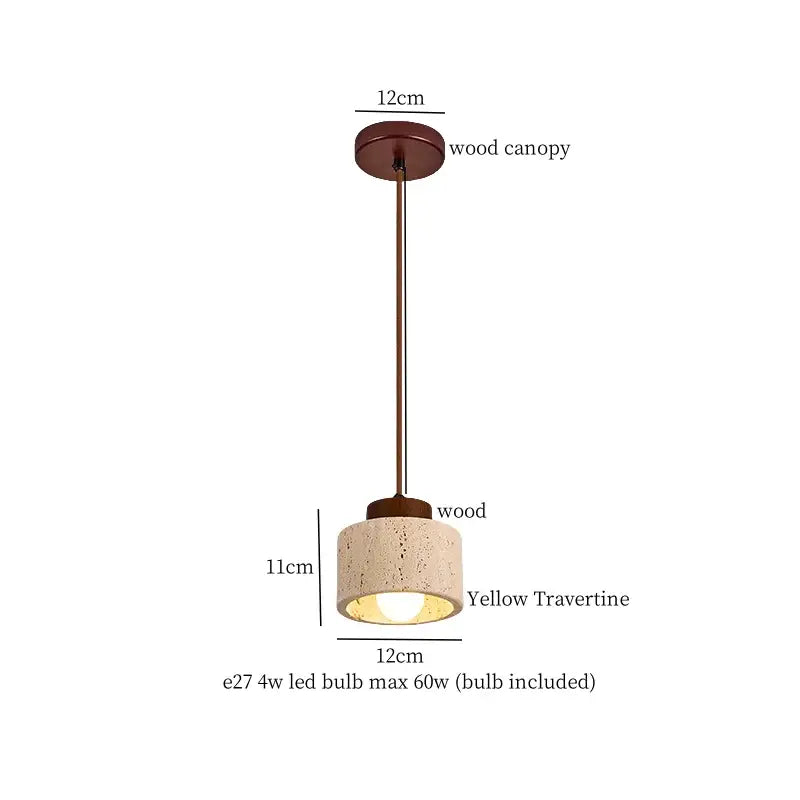 Rustic wood and travertine pendant lamp with warm wood canopy and yellow columnar stone led shade for dining room decorbites