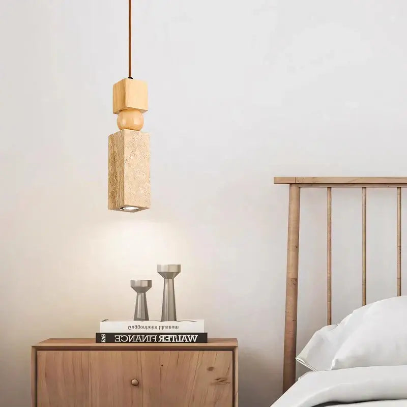Minimalist wooden pendant lamp with stacked geometric blocks and warm natural finish for columnar stone led decorbites