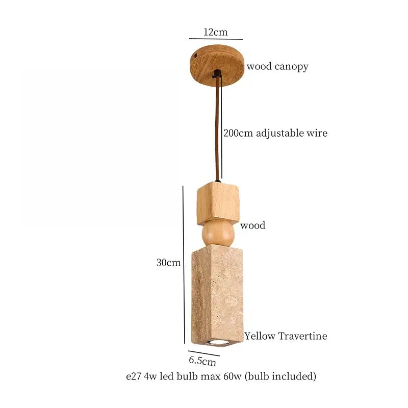 A modern pendant lamp with a natural wood canopy and yellow travertine shade for decorbites columnar stone led