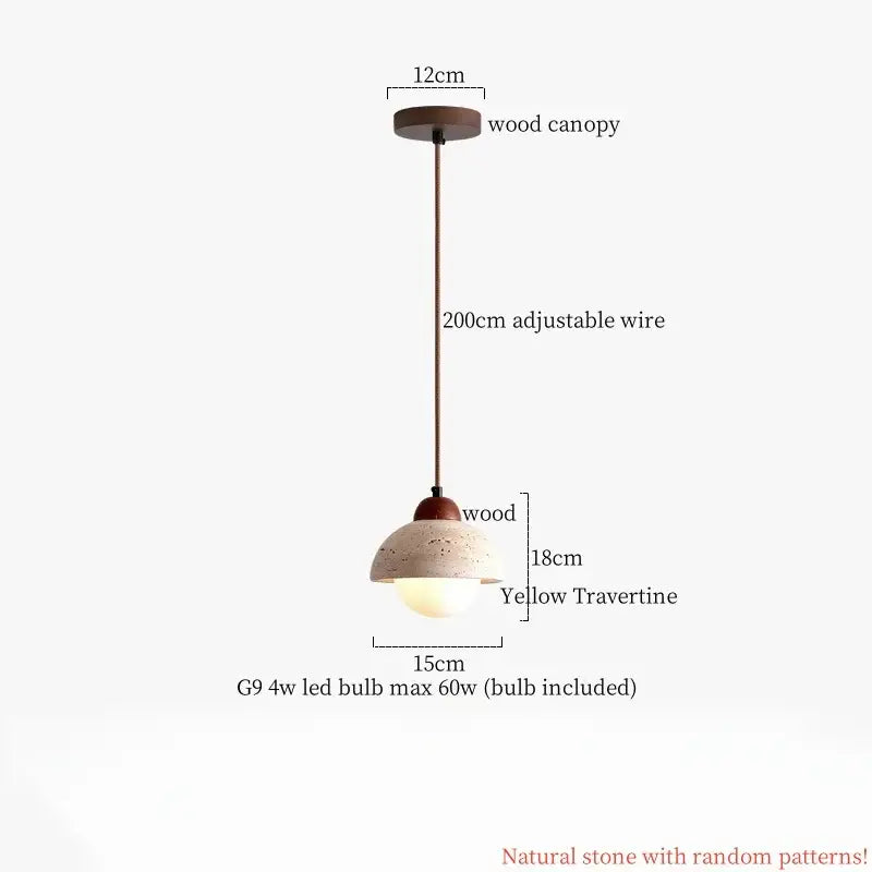 Rustic wood and travertine pendant lamp with warm wood canopy and yellow columnar stone led shade by decorbites