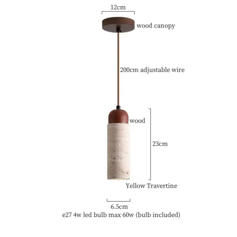 A pendant lamp with warm brown wood canopy and textured yellow travertine columnar stone led for dining room decorbites
