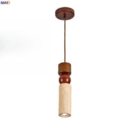 Rustic wood and travertine pendant lamp with a warm brown wooden top and decorbites columnar stone led design