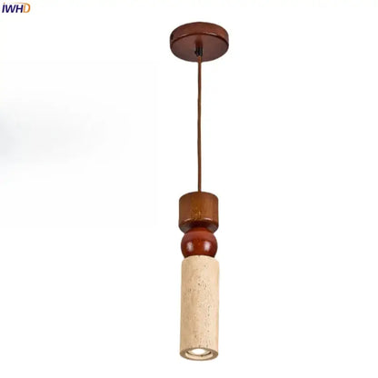 Rustic wood and travertine pendant lamp with a warm brown wooden top and decorbites columnar stone led design