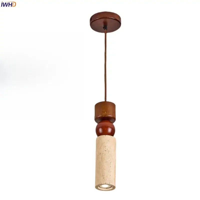 Rustic wood and travertine pendant lamp with a warm brown wooden top and decorbites columnar stone led design