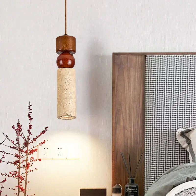 A modern pendant lamp with stacked natural wood, reddish-brown, and travertine decorbites columnar stone led design