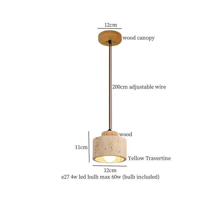 Rustic pendant lamp with wooden canopy, adjustable bronze wire, and yellow travertine decorbites columnar stone led shade