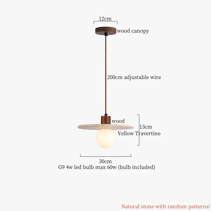 Minimalist pendant lamp with warm wood canopy, adjustable bronze wire, and yellow travertine columnar stone led shade