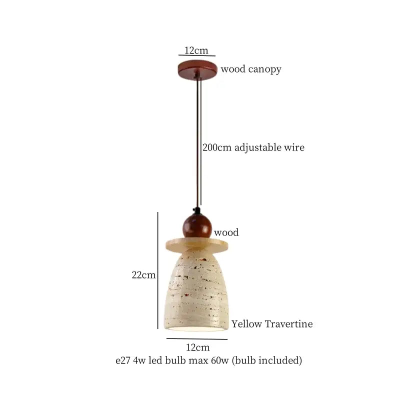 Rustic wood and travertine pendant lamp with warm wood canopy and yellow textured shade for decorbites columnar stone led