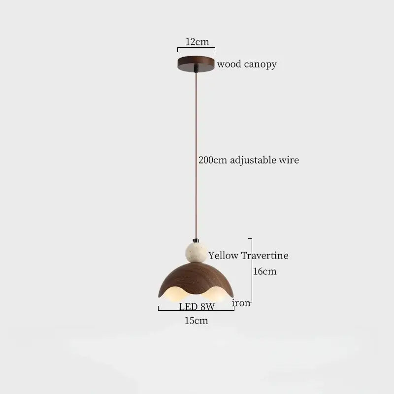 Rustic wood and travertine pendant lamp with yellow shade and decorbites columnar stone led for dining room decor