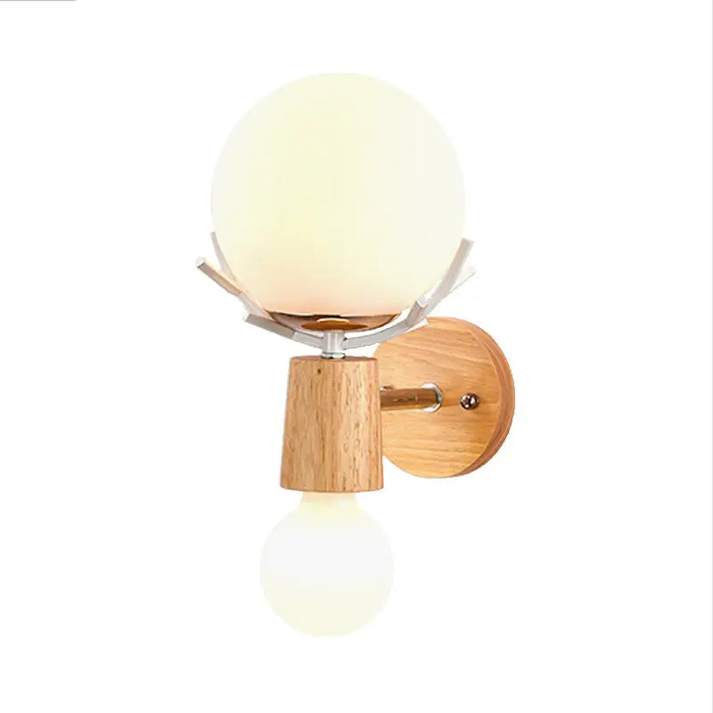 Rustic wood and white globe sconce wall lamp with frosted glass, wooden base, and metallic accents for stairways