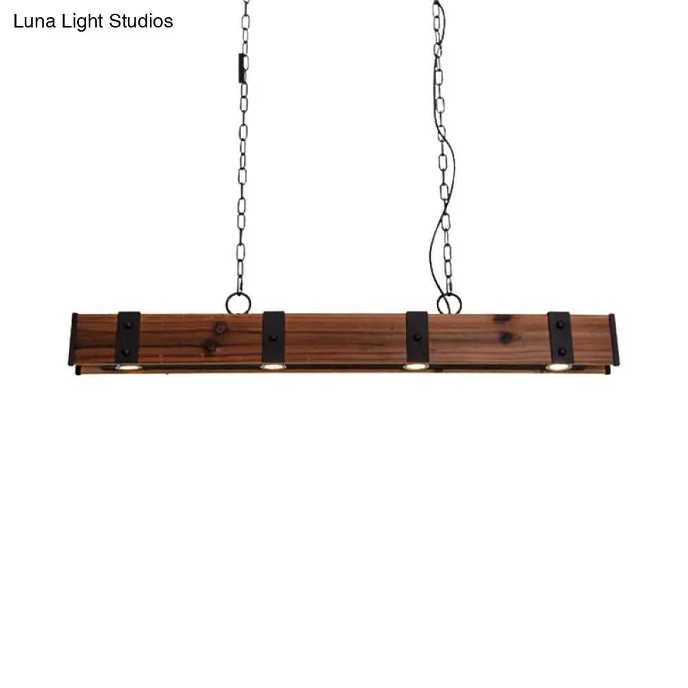 Rustic wooden bar pendant light with black finish metal accents and chain suspension for kitchen island lighting