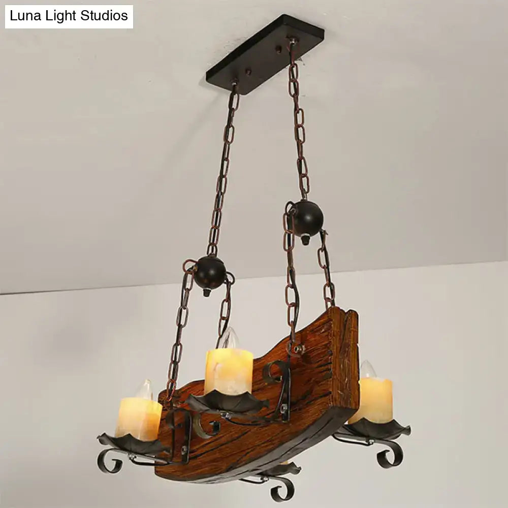 Decorbites™ rustic wood island pendant light 220v-240v with wrought iron accents and candle-style bulbs brown wood board rectangle