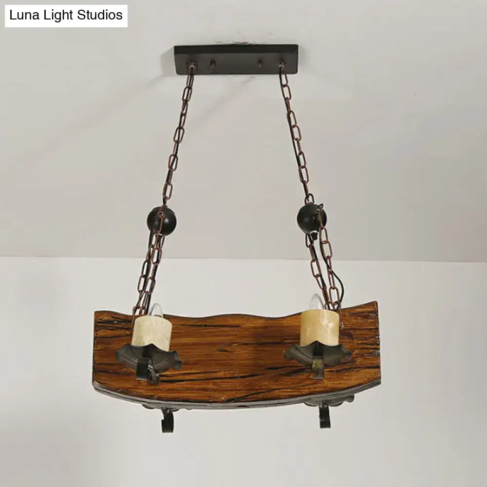 Rustic wood island pendant light with two bulbs, dark metal chains, brown rectangle wood board for 220v-240v use