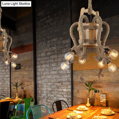 Rustic Wood Chandelier – 6-Light Farmhouse Rope Ceiling Fixture for Dining Room