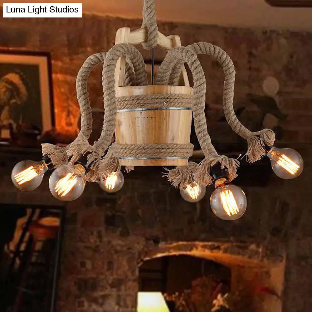 Rustic Wood Chandelier – 6-Light Farmhouse Rope Ceiling Fixture for Dining Room