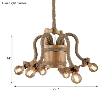 Rustic Wood Chandelier – 6-Light Farmhouse Rope Ceiling Fixture for Dining Room