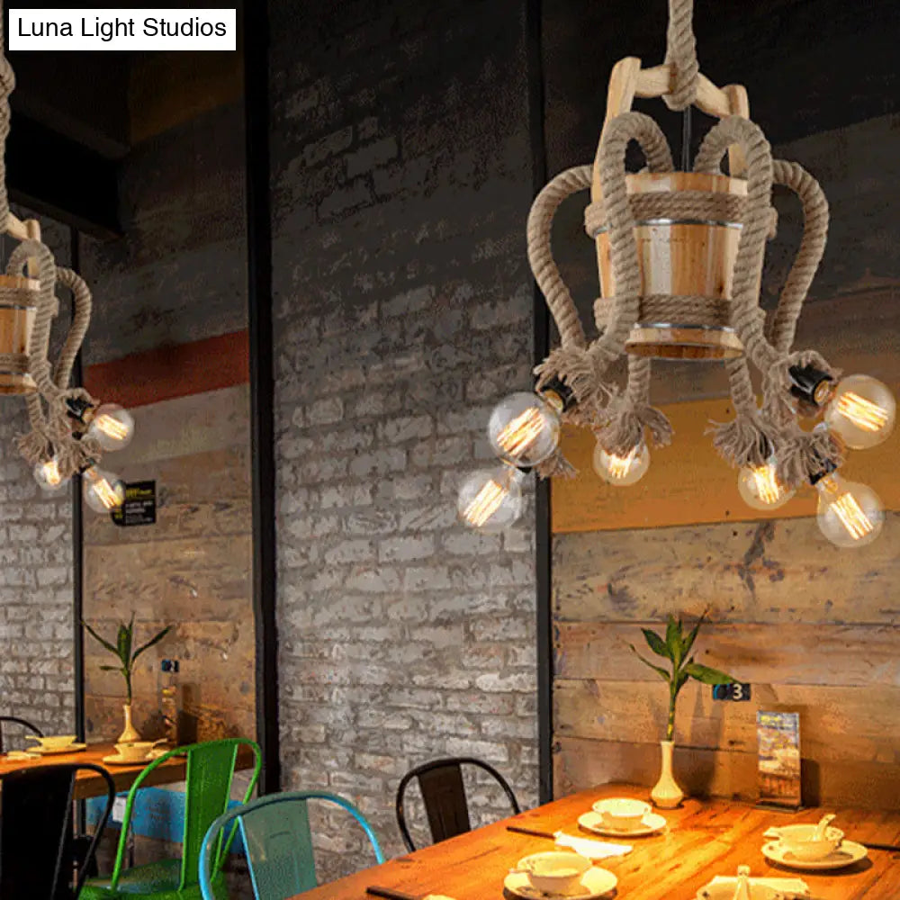 Rustic Wood Chandelier – 6-Light Farmhouse Rope Ceiling Fixture for Dining Room