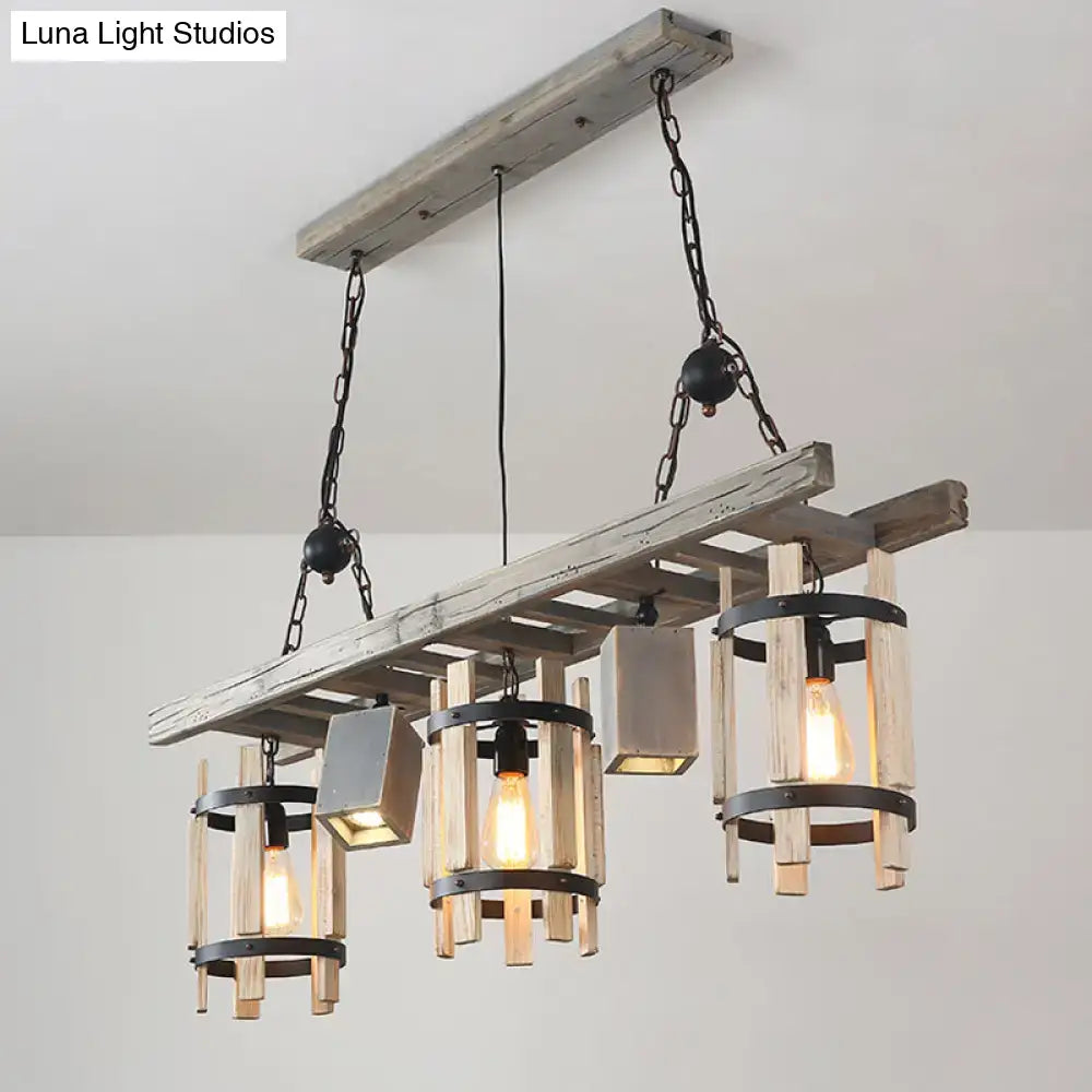 DecorBites rustic 5-light farmhouse pendant ceiling light with weathered wood and black metal chains in grey and brown