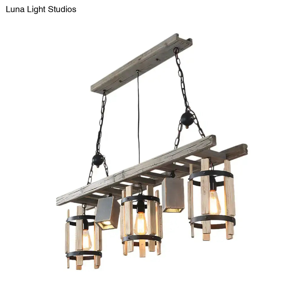 DecorBites™ rustic 5-light farmhouse ceiling light with weathered wood cylinders and black metal chains gray brown finish