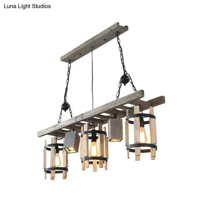 DecorBites™ rustic 5-light farmhouse ceiling light with weathered wood cylinders and black metal chains gray brown finish