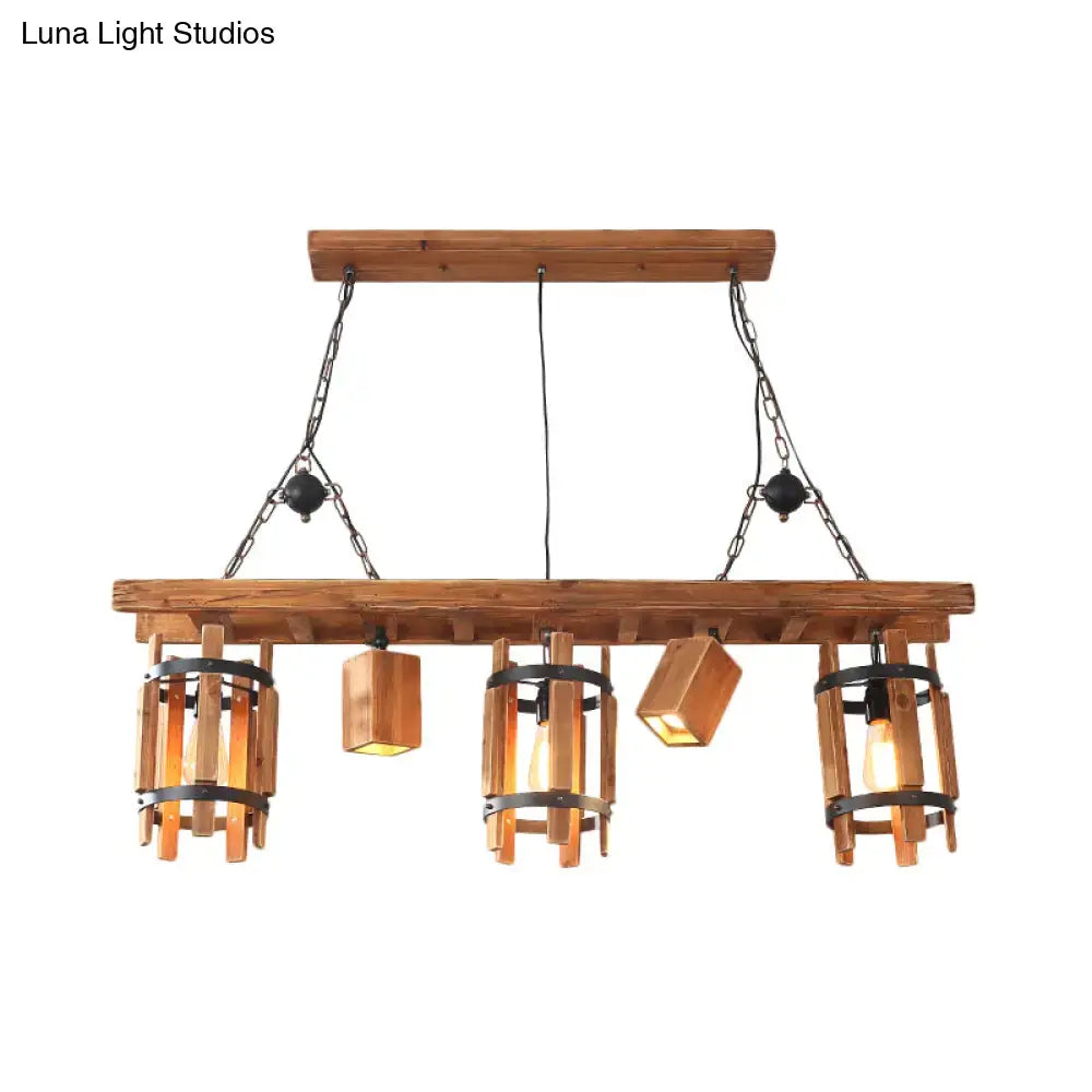 DecorBites™ rustic 5-light farmhouse pendant ceiling light with grey brown wood cylinder frame and black metal accents