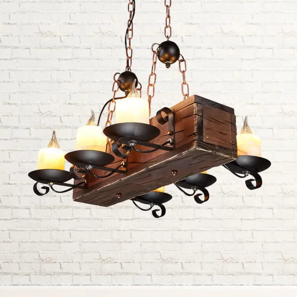 DecorBites™ rustic marble pendant light with wood design features black metal candle holders and copper chains in brown for 220v-240v use