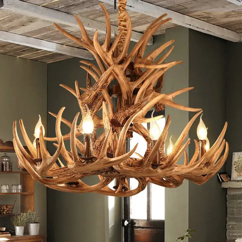 Rustic wood finish deer antler chandelier with candle style bulbs for dining room decor by decorbites deer antler