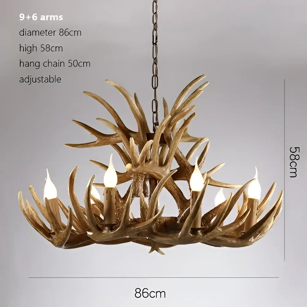 Rustic wood finish decorbites deer antler chandelier with nine faux tan antler arms for dining room light