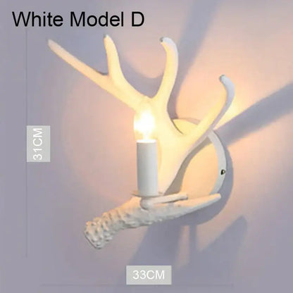 White antler-style wall sconce with candle-like bulb in rustic wood finish for decorbites deer antler chandelier lighting