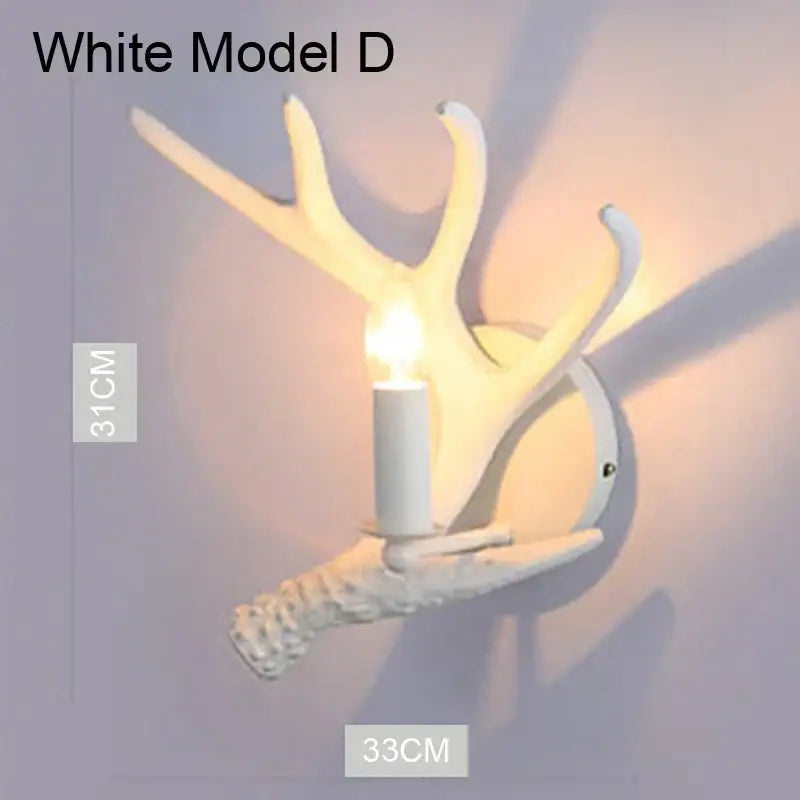 White antler-style wall sconce with candle-like bulb in rustic wood finish for decorbites deer antler chandelier lighting