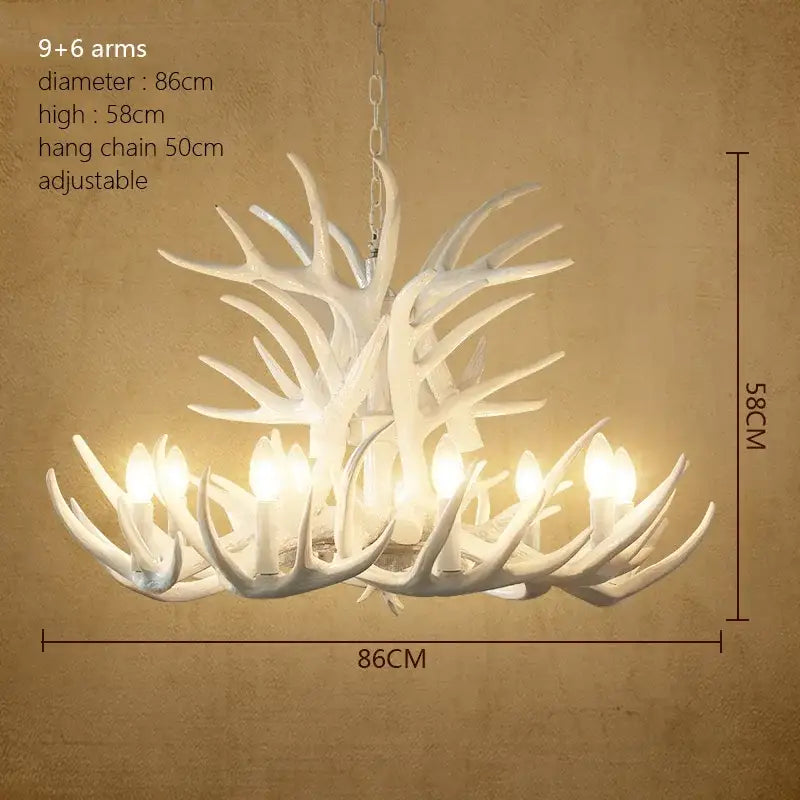White antler chandelier with 9 plus 6 arms in rustic wood finish featuring adjustable chain for dining room decorbites deer antler