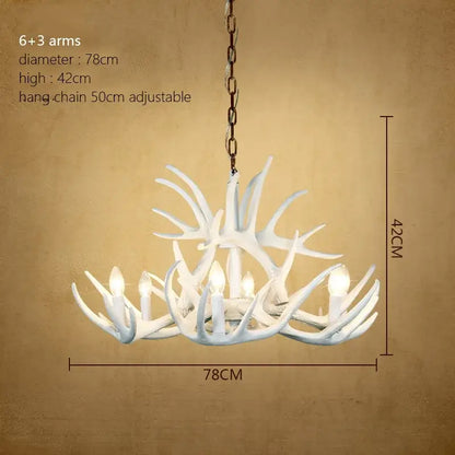 Rustic wood finish decorbites deer antler chandelier with six arms and three decorative antlers for dining room light
