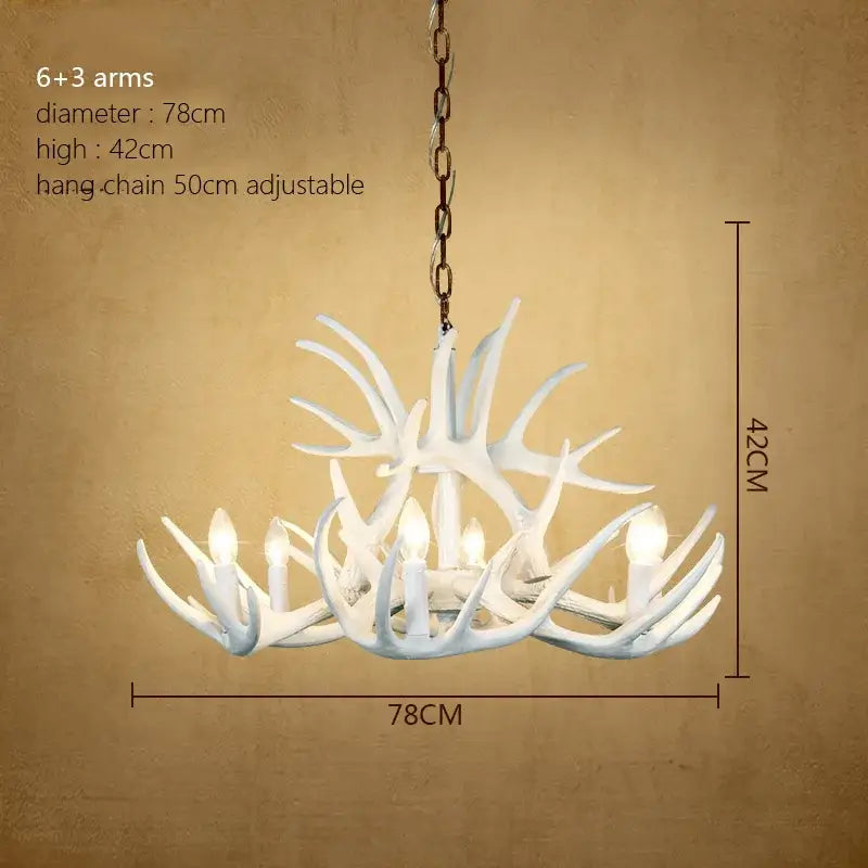 Rustic wood finish decorbites deer antler chandelier with six arms and three decorative antlers for dining room light